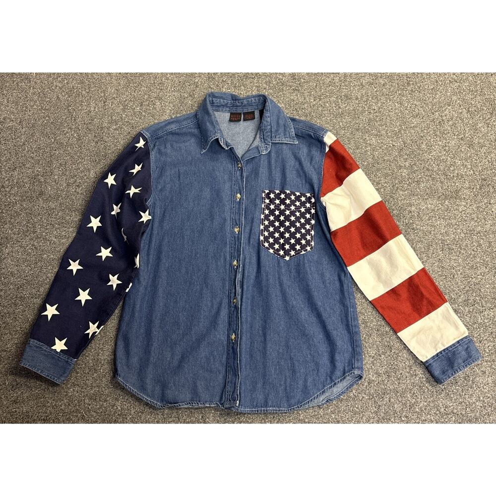 Quizz Again & Co. Women's Button Down Denim Patriotic USA Top, Size Medium